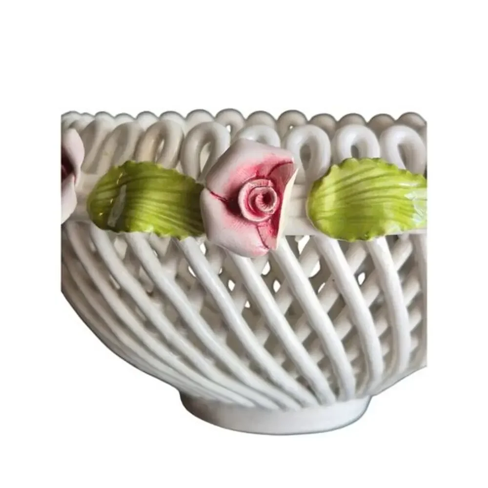 Vintage White Porcelain Lattice Bowl Pink Roses Signed Acer Italy Trinket Candy‎